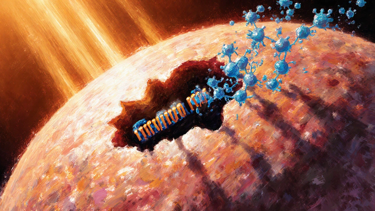 Kůžová buňka poškozená UV zářením, kde se dva thyminy spojily do dimeru.