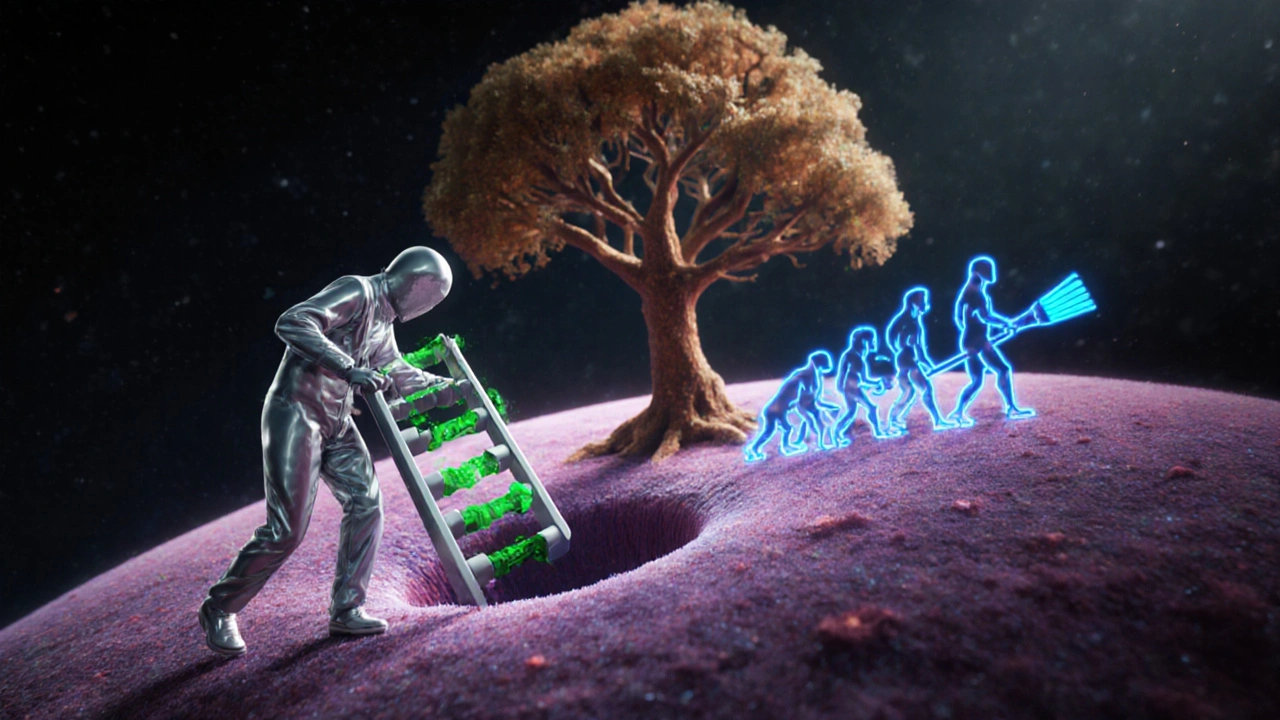 Buňka s opravnými enzymy opravující poškozený řetězec DNA a stylizovaným evolučním stromem v pozadí.