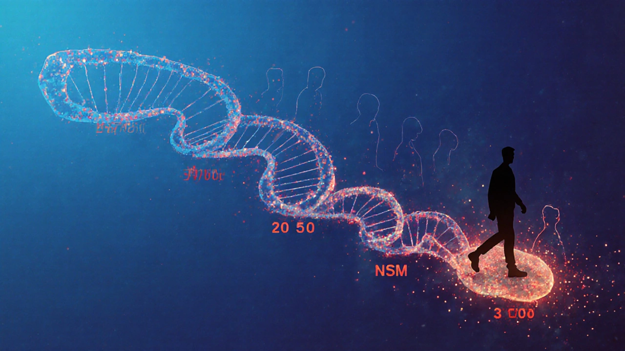 Časová osa života muže s DNA cestou, kde se s věkem zvyšuje riziko mutací.