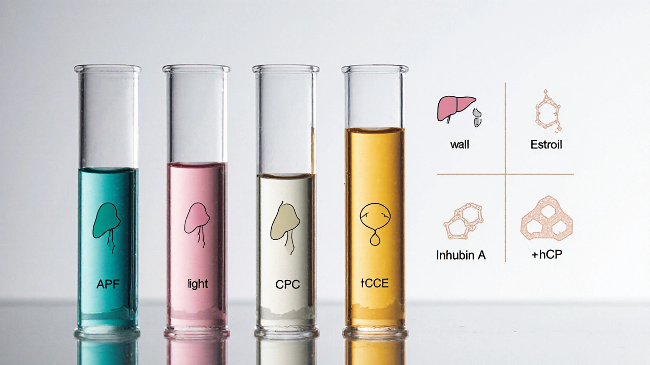 Čtyři čisté zkumavky s různobarevnými kapalinami představují markery AFP, estriol, inhibin A a β‑hCG.