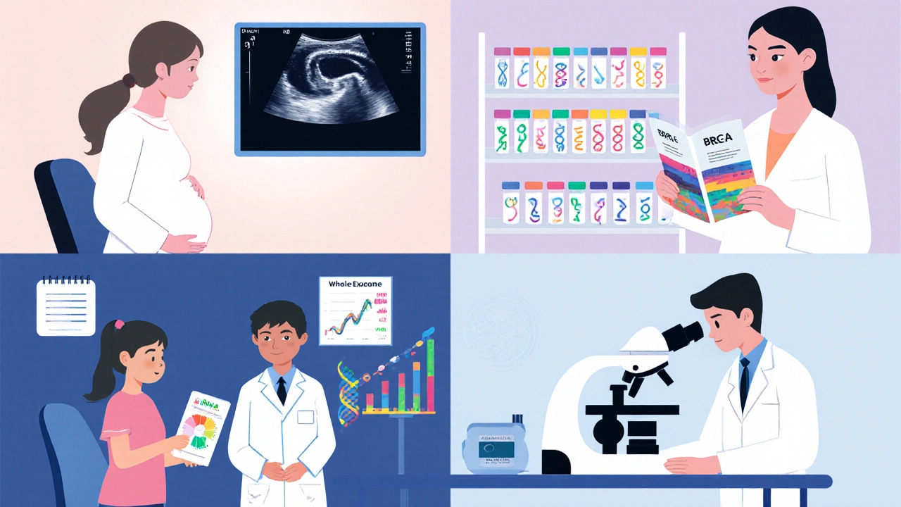 Čtyři scénáře: těhotná žena s ultrazvukem, žena s testem na BRCA, dítě s lékařem, embrya pod mikroskopem během IVF.