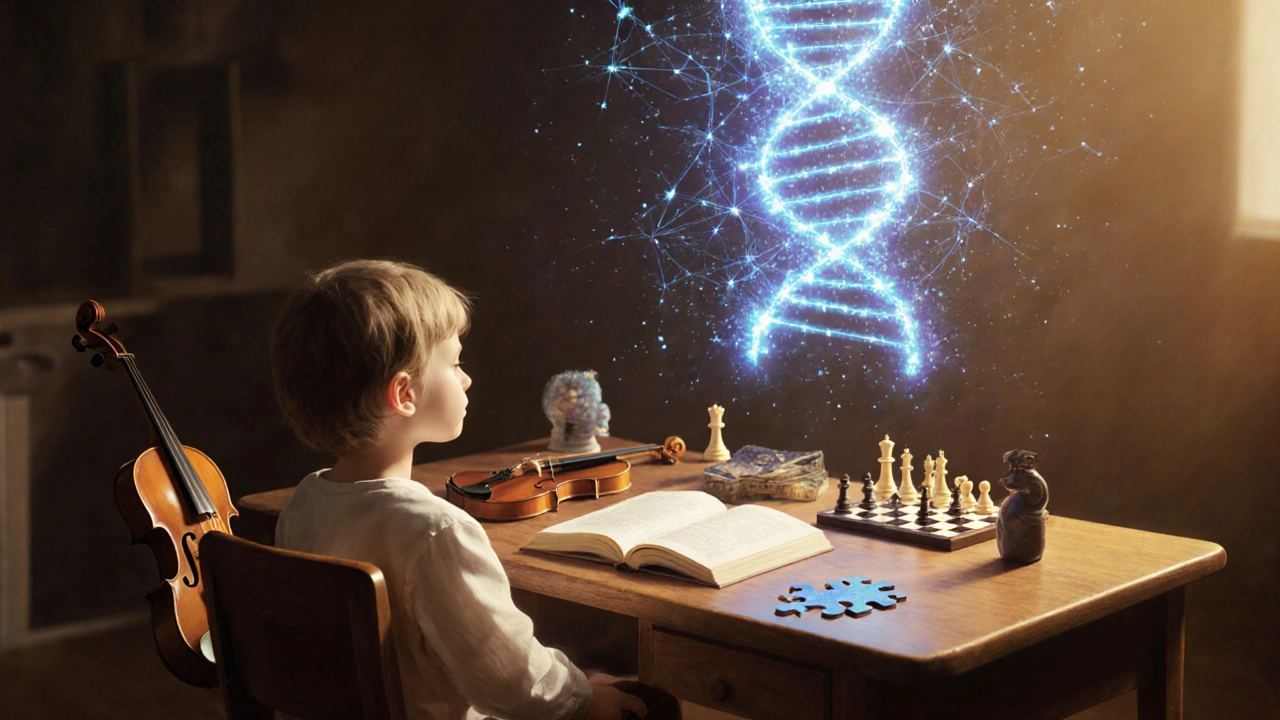 Dítě u stolu s knihou, šachovnicí a violou, nad hlavou se vine DNA a spojuje se se synapsemi.