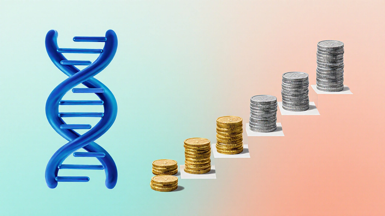 DNA dvojitá šroubovice se mění v padající mince, symbolizující klesající ceny testů.