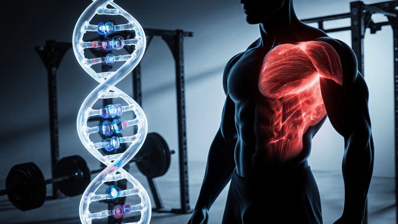 DNA spirála se prolíná s molekulou testosteronu, zvýrazněné rychlé svalové vlákna u silného těla.