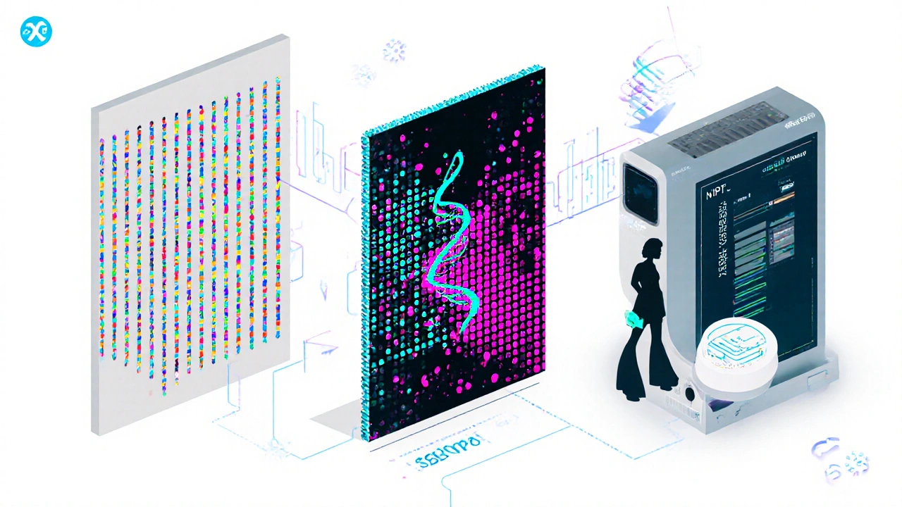 Ilustrace různých genetických testů: karyotyp, mikroarray, sekvenátor a prenatální NIPT.