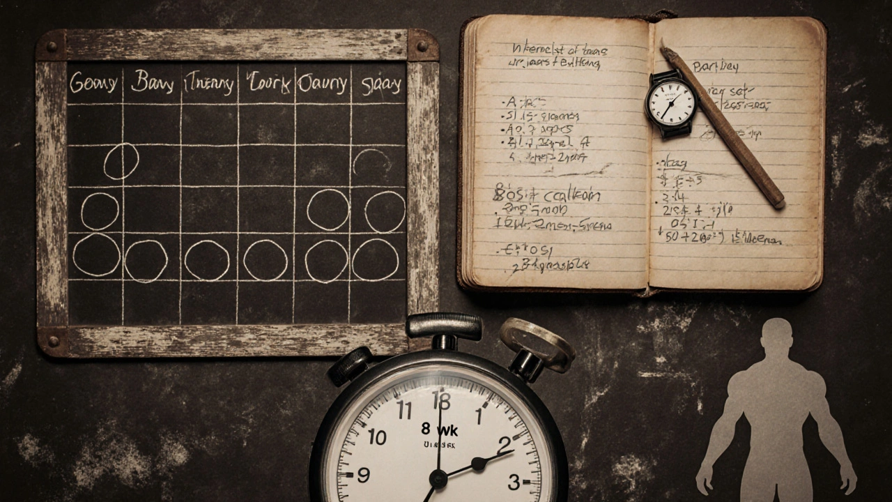 Koláž s plánovačem 8‑týdenního cyklu, váhou, zápisky tréninku a siluetou DEXA v retro stylu.