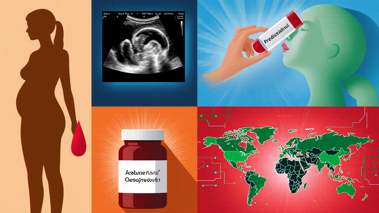 Koláž ukazující čtyři typy genetických testů: prenatální, predispozice, farmakogenomika a rodokmen.