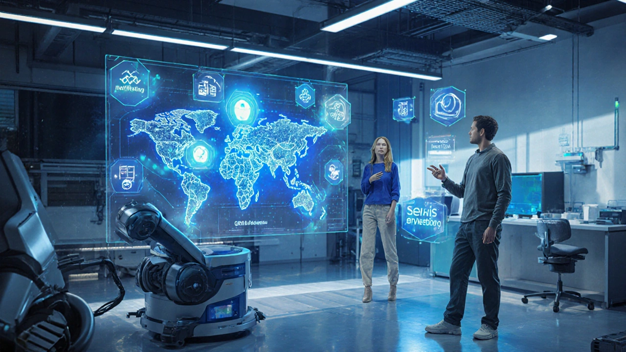 Laboratoř budoucnosti s automatickým sekvenátorem, holografickým AI rozborem DNA a pacientem přijímajícím plán.