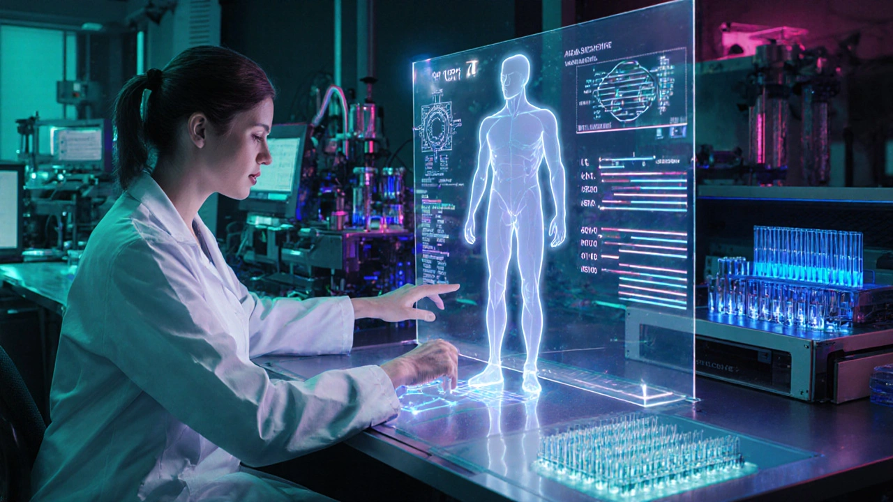 Laboratoř s vědci, hologramem fenotypu a CRISPR přístrojem.