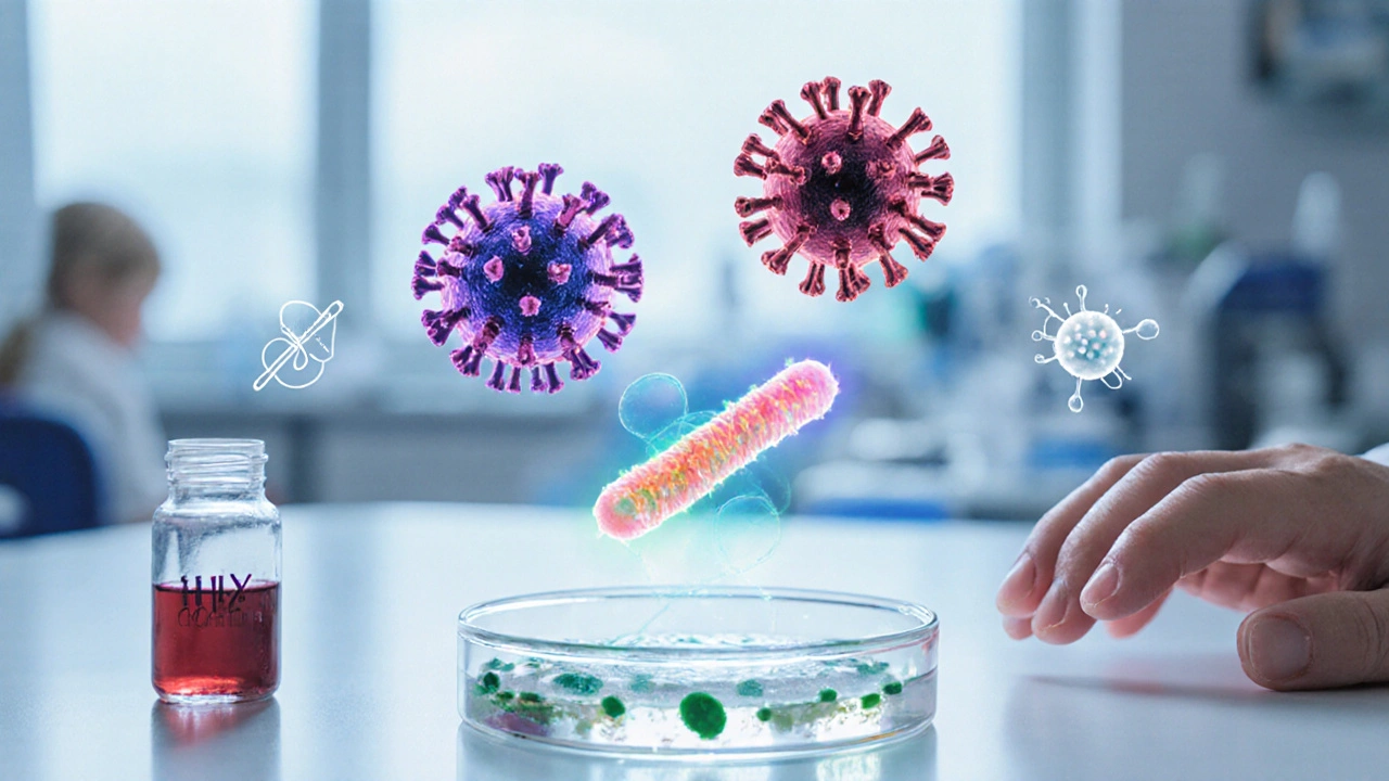 Laboratorní scéna s viry koronaviru, chřipky, tuberkulózy a HIV.