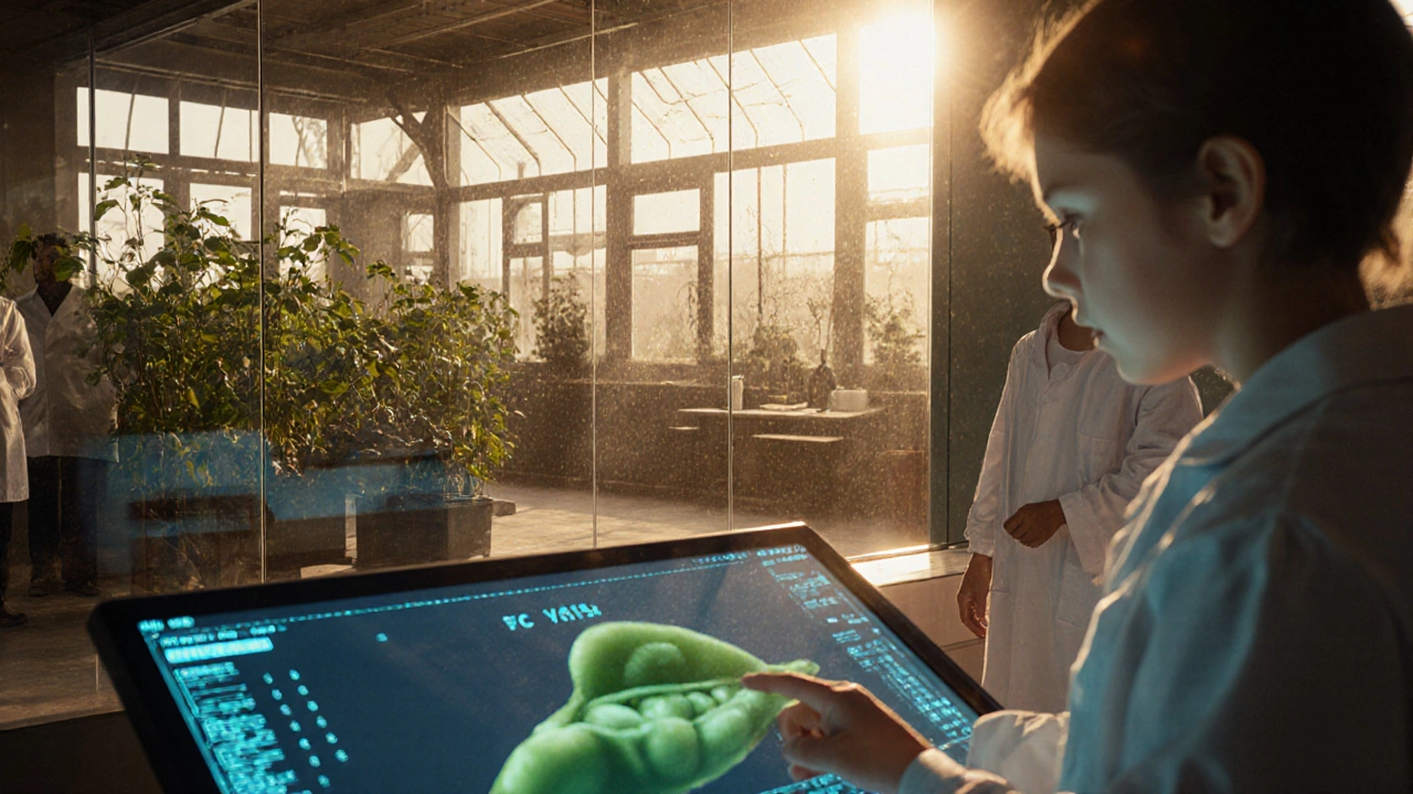 Moderní genetická laboratoř v Brně s přehledem na původní Mendelův záhon.