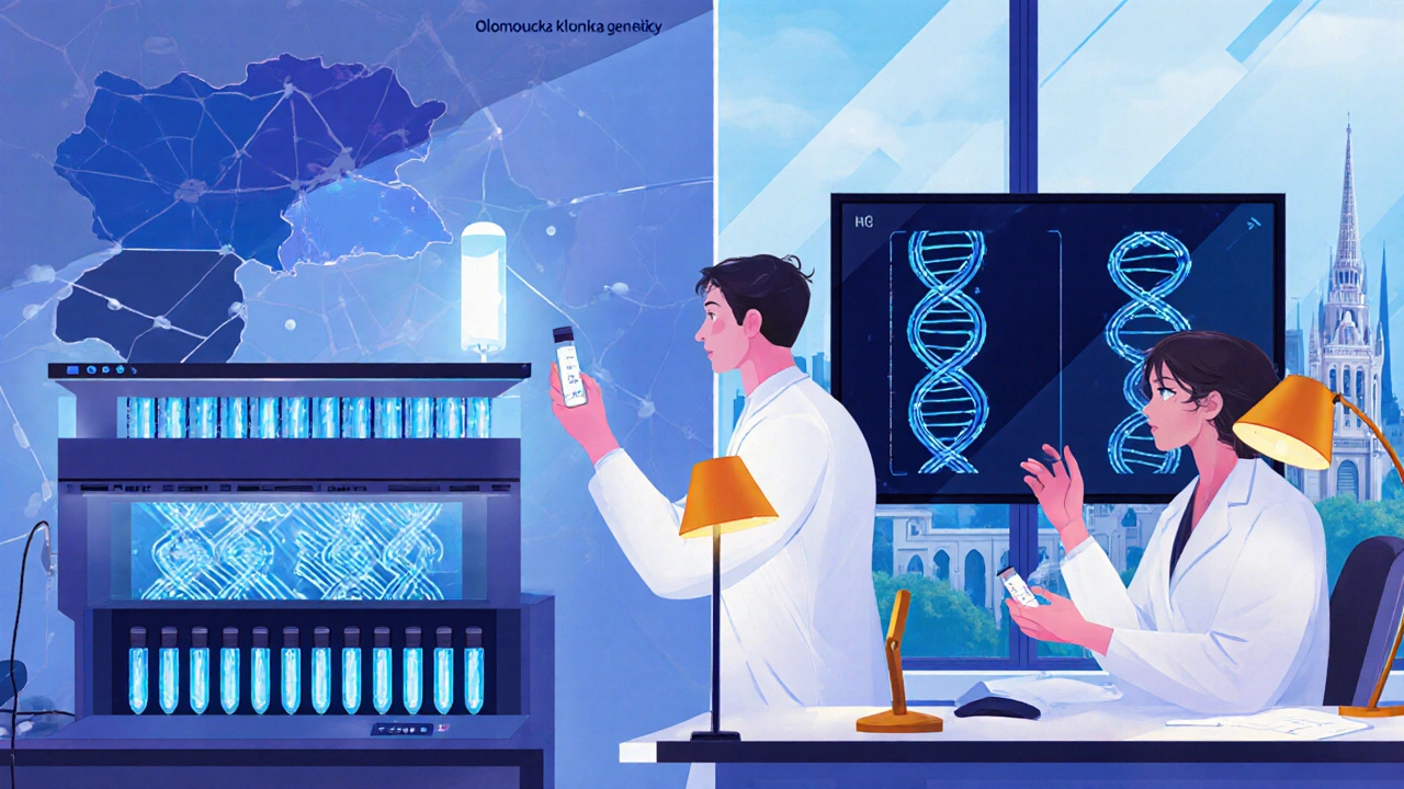 Moderní laboratoř v Olomouci s vědci a sekvenačním přístrojem analyzujícím DNA.