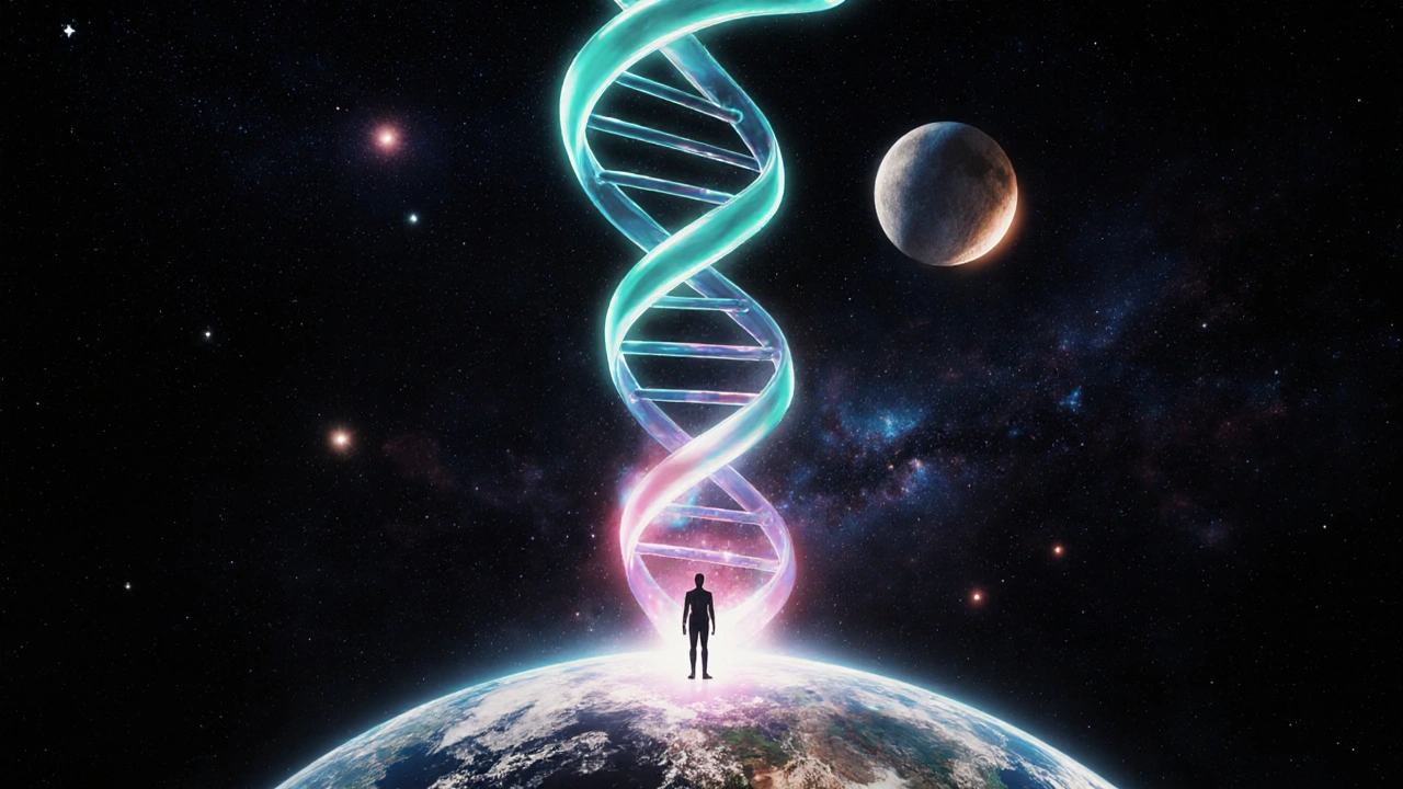 Obrovská DNA vlákno se vine z lidské buňky až k Měsíci, symbolizující délku 2 × 10¹³ m.