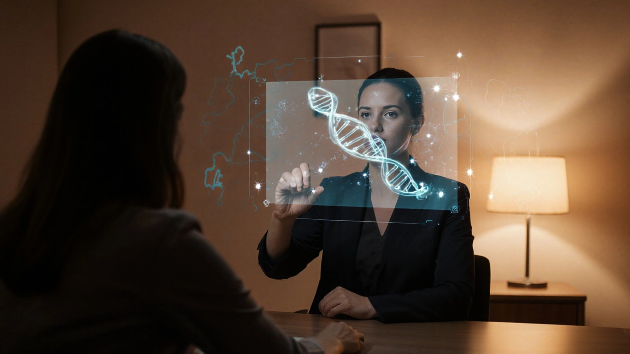 Osoba konzultuje výsledky genetického testu s poradcem, nad stolem je hologram DNA.