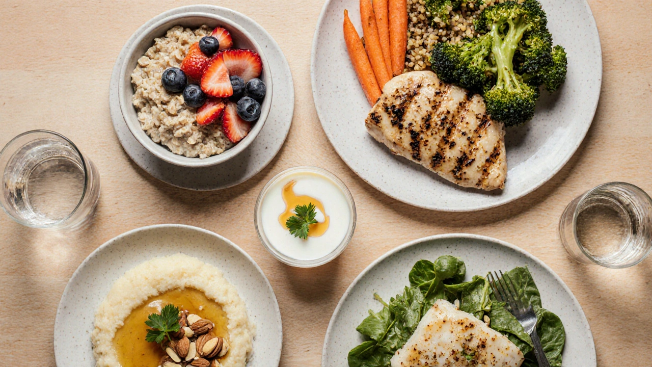 Přehled zdravého denního jídla: ovesná kaše, grilované kuře, jogurt a pečená treska.