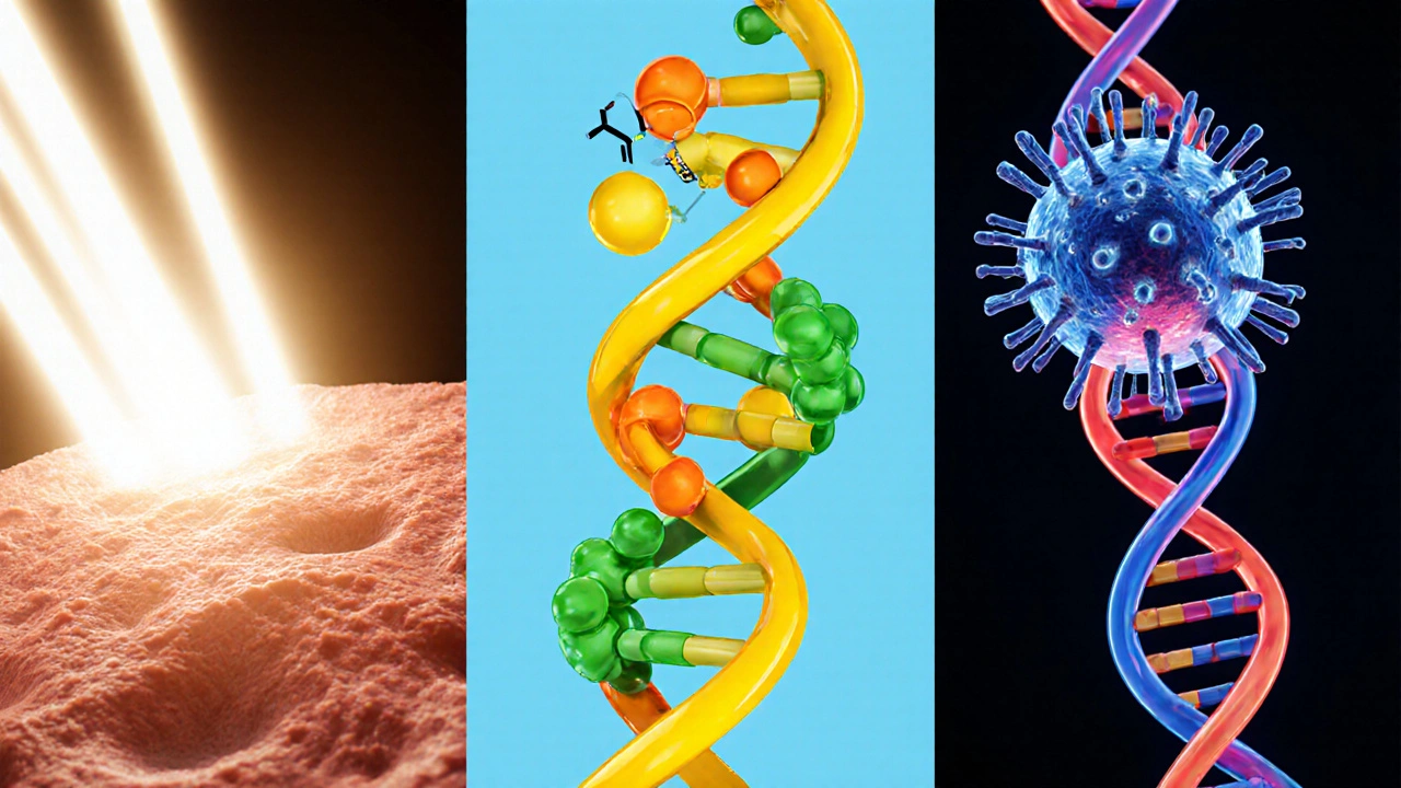 Rozdělená scéna ukazující UV záření poškozující kůži, chemickou molekulu benzenu a virus vkládající DNA.