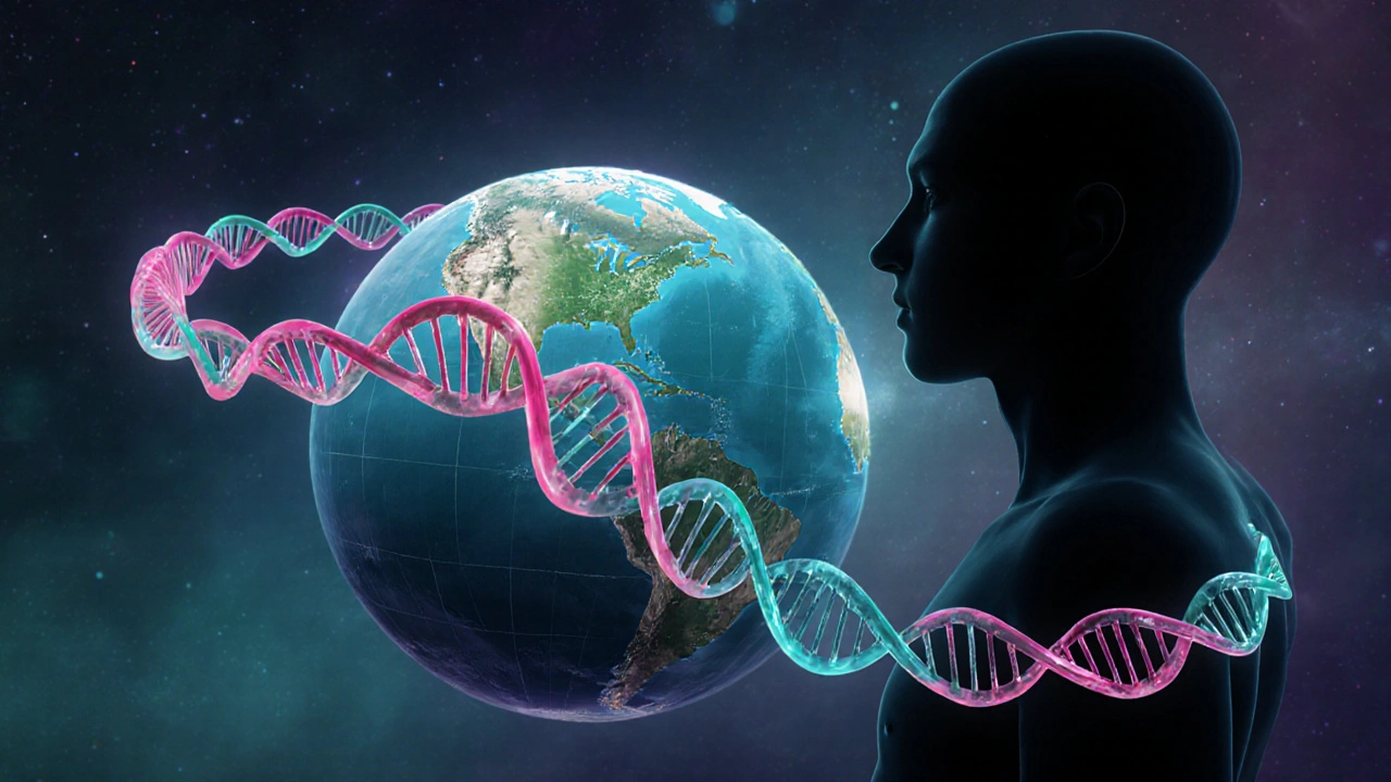Silhouette člověka, DNA pás obepíná Zemi a ukazuje délku 200 000 km.