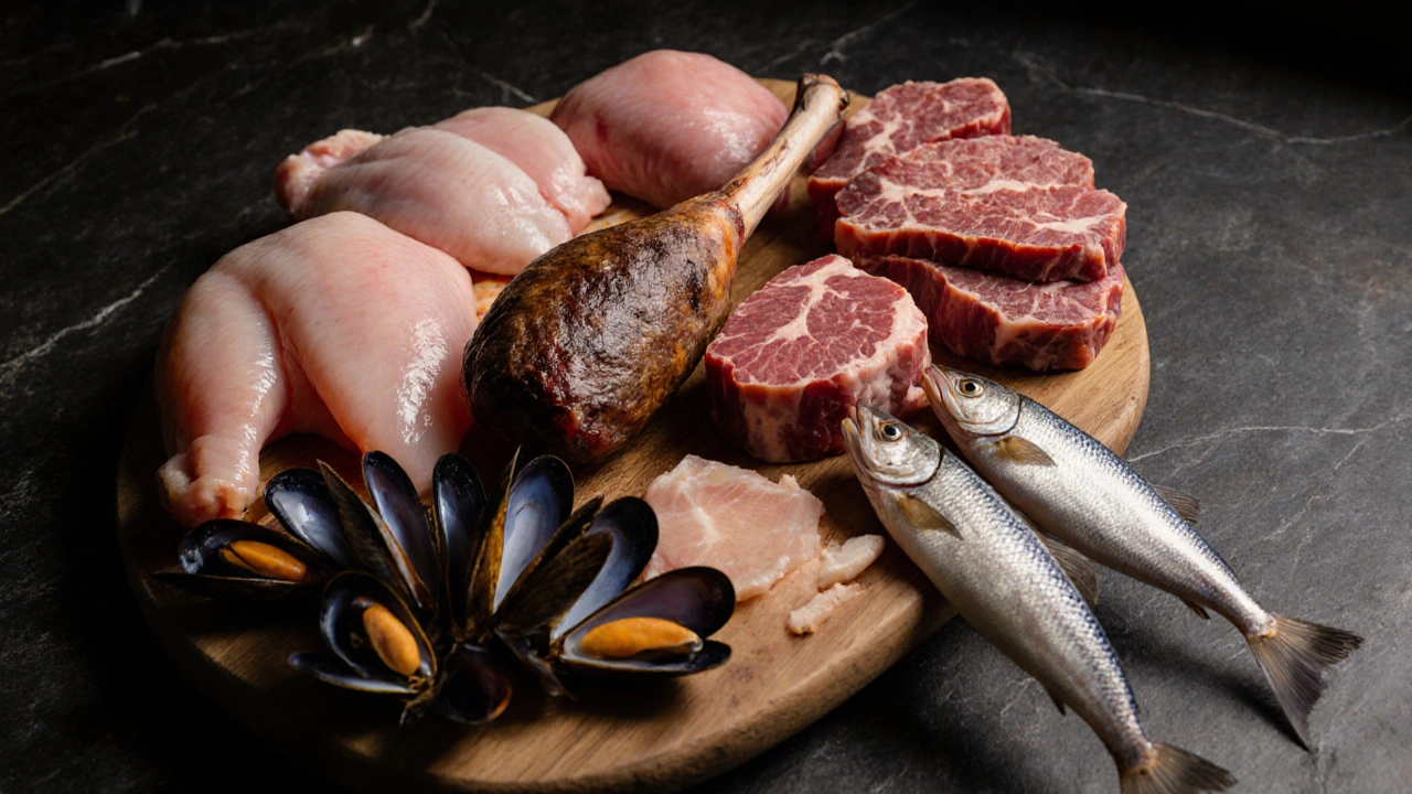 Stolní deska s různými syrovými masy a mořskými plody, zvýrazněné světlem.