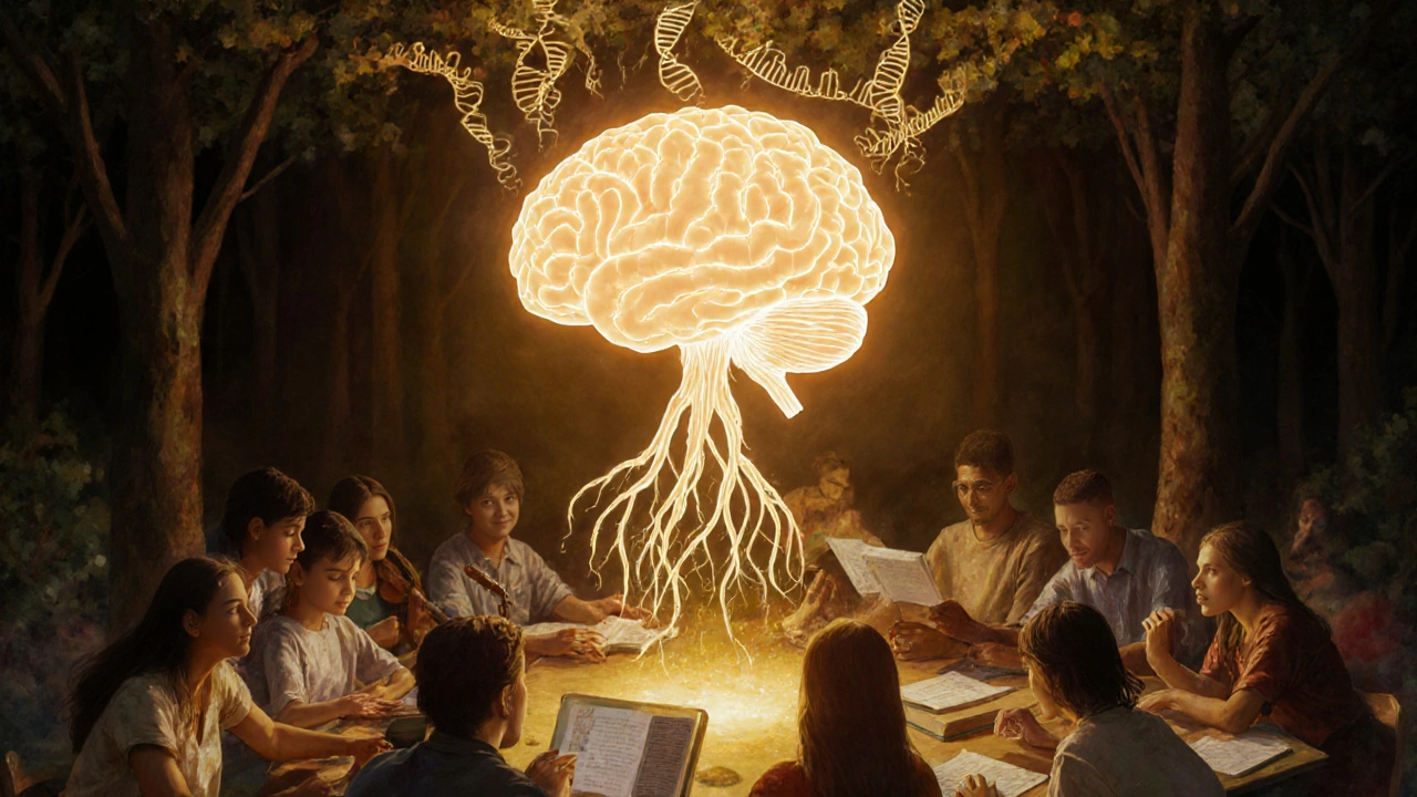 Symbolický obraz mozku jako zdroje potenciálu spojeného s učením a lidskými vztahy.