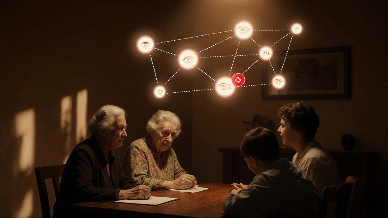 Tři generace rodiny u stolu, spojené světelnými genetickými cestami.