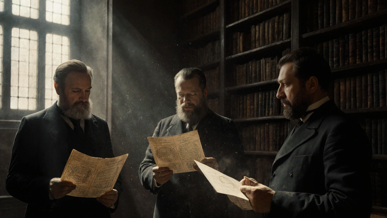 Tři vědci objevují Mendelovu práci v knihovně, překvapeni jeho objevy.