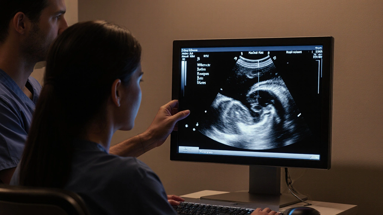 Ultrazvukový snímek ukazuje detailní anatomií plodu a měření nuchal fold, doktor sleduje výsledek.