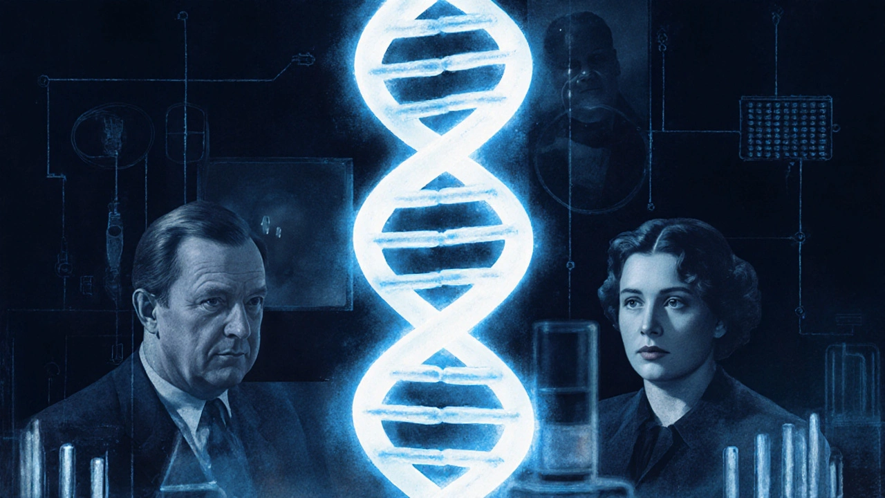 Zářící dvojitá šroubovice DNA s obrysy vědců Watsona, Cricka a Franklin v temném laboratoři.