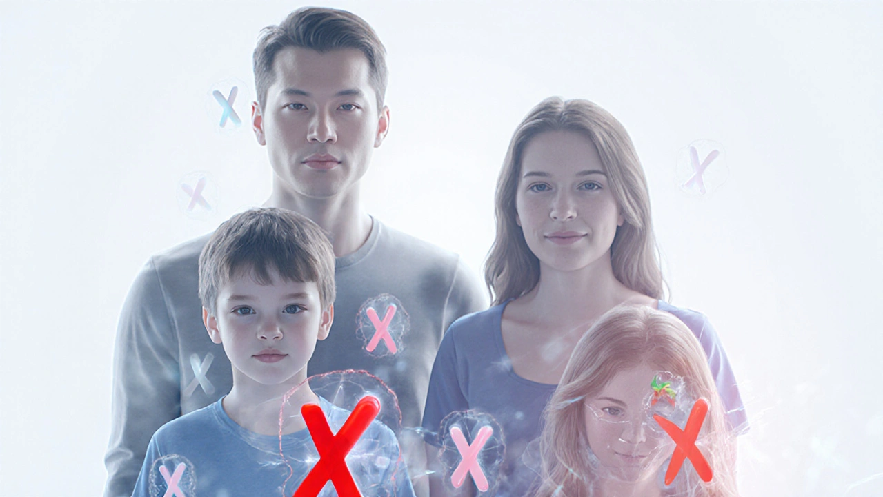 Zobrazení X‑vázaného dědictví u muže a ženy s viditelnými chromozomy.