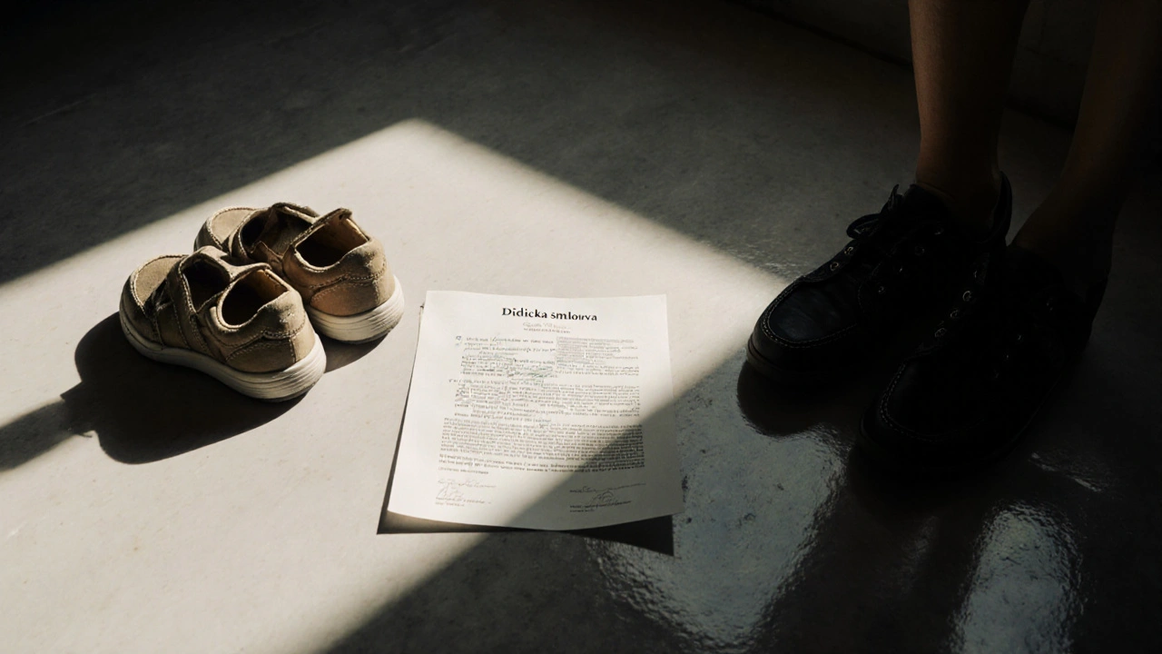 Dětské a dospělé boty stojí vedle sebe, mezi nimi otevřená dědická smlouva.