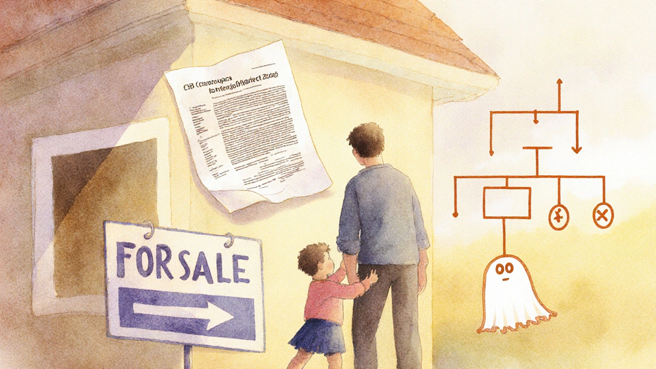 Dítě drží za nohu dospělého, před domem s vývěskou &#039;Prodej&#039;.