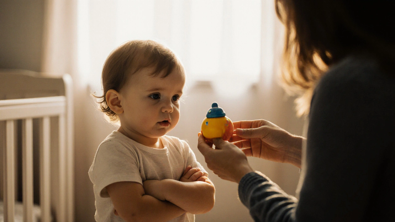 Dítě s pevnou postavou v kojeneckém pokoji, klidně odmítá hračku.