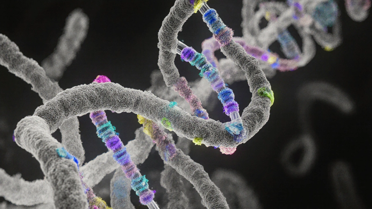 DNA svinutá kolem histonů, jak se přeměňuje v chromozómy při kompaktním balení.