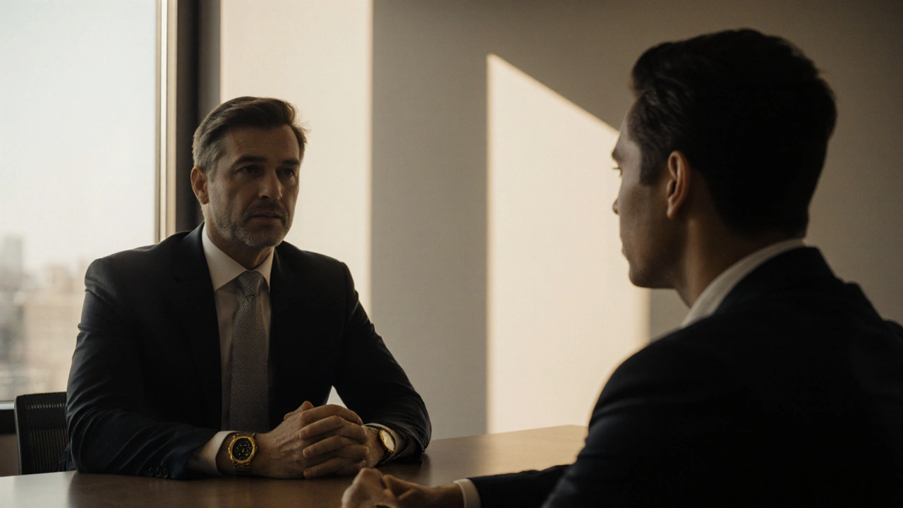 Dva lidé v meetingu, jeden klidně vede rozhovor, druhý naslouchá.