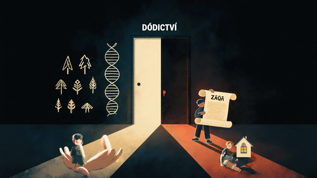 Dvě cesty k dědictví: DNA a závěť – jedna vede k prázdným rukám, druhá k domu.