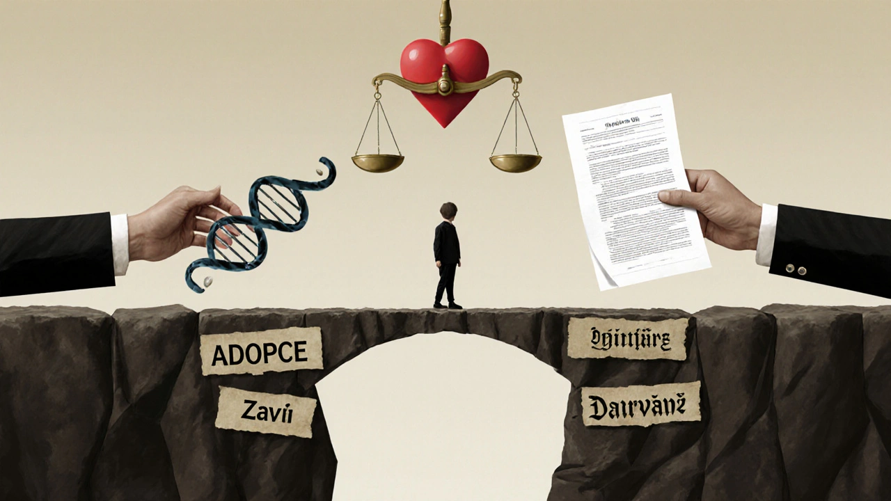 Dvě ruce se dotýkají přes propast — jedna s DNA, druhá s závětí — dítě stojí na mostě z právních dokumentů.