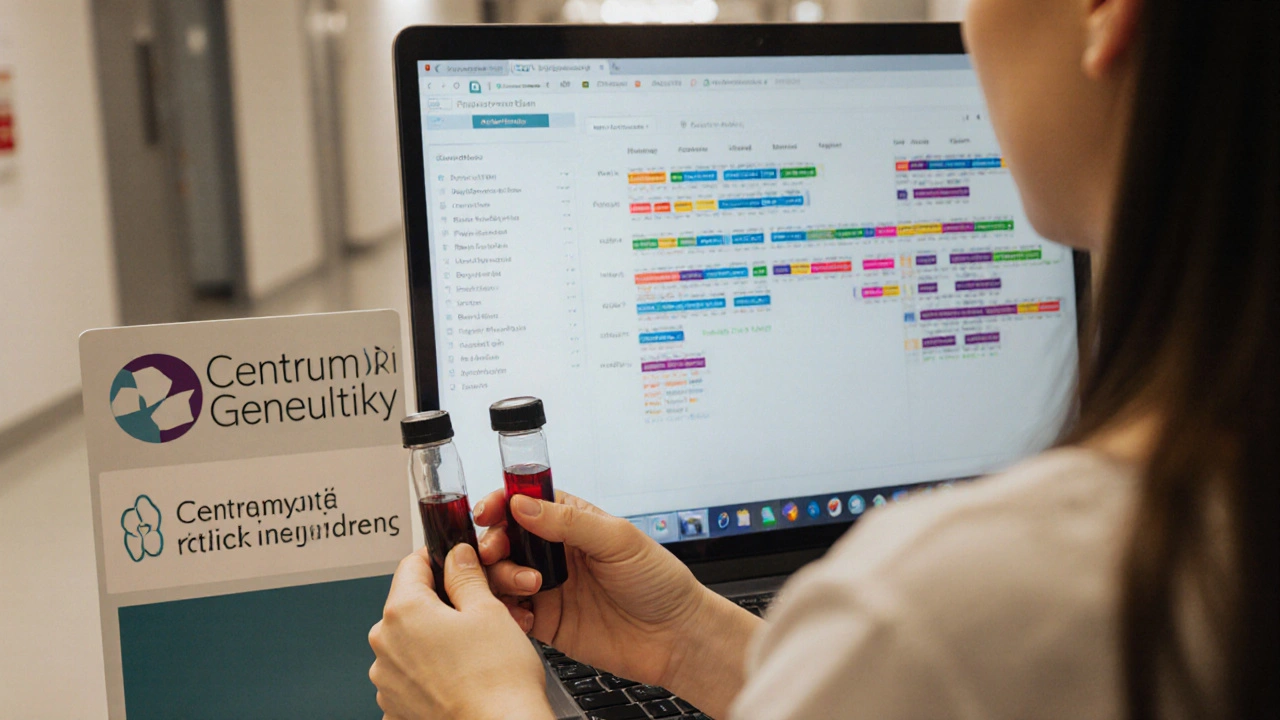 Krevní vzorek a sálivá sonda vedle obrazu genetické analýzy.