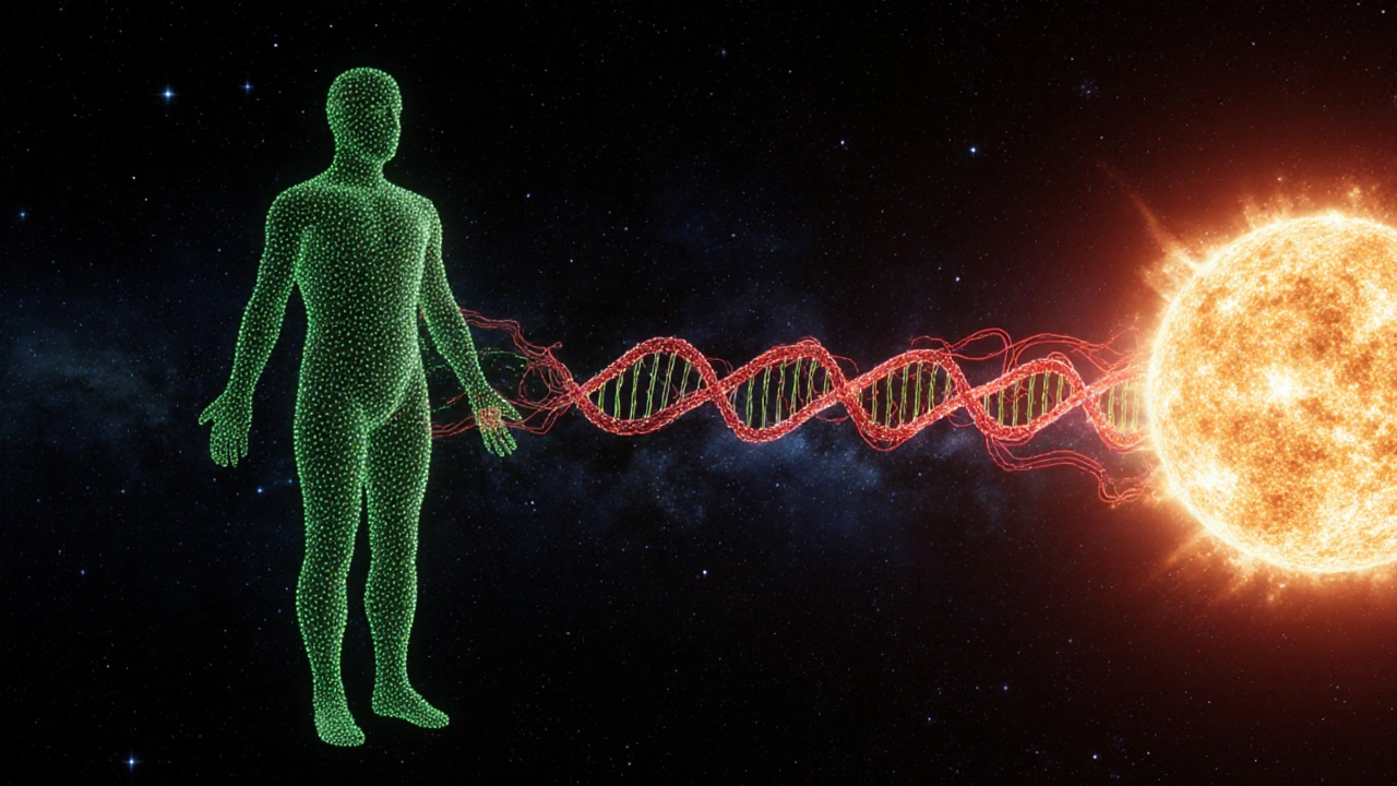 Lidské tělo složené z buněk, jejichž DNA tvoří obří nitku táhnoucí se k Slunci a zpět.