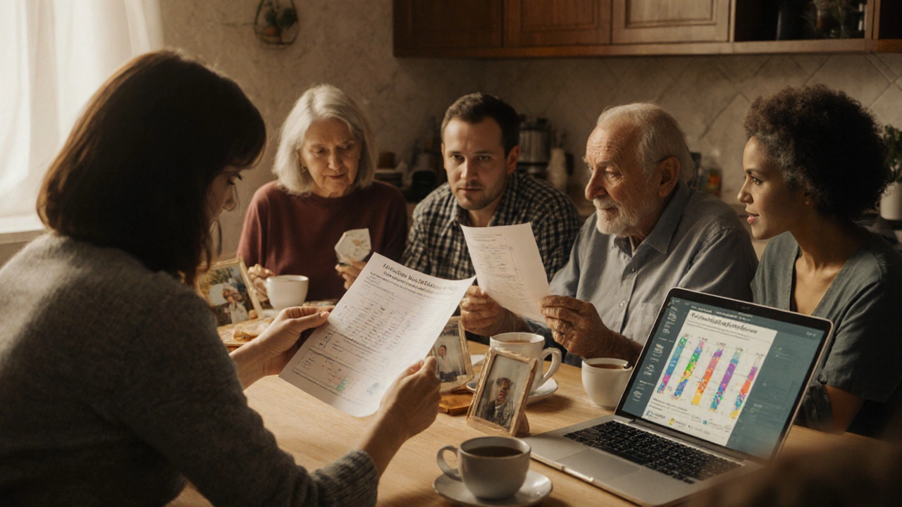 Rodina si společně prohlíží genetické výsledky u kuchyňského stolu.