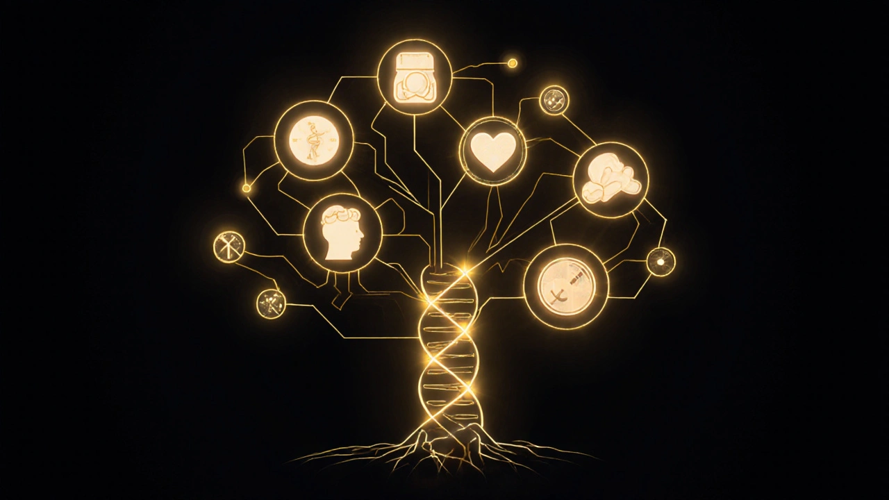 Rodokmen s DNA řetězci spojujícími rizika onemocnění mezi generacemi.