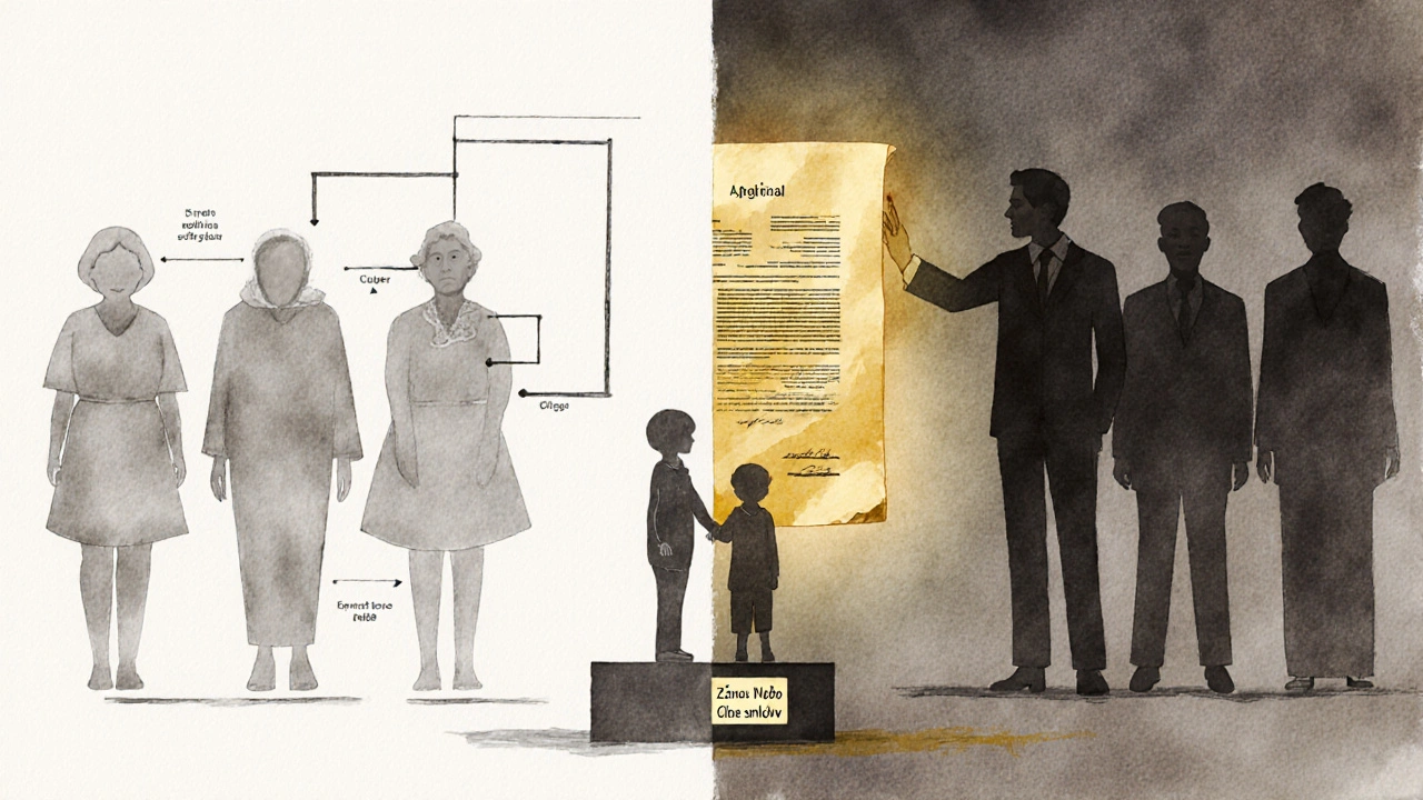 Symbolický rodokmen s prázdnými biologickými větvemi a zlatým právním dokumentem spojujícím otce a dítě.