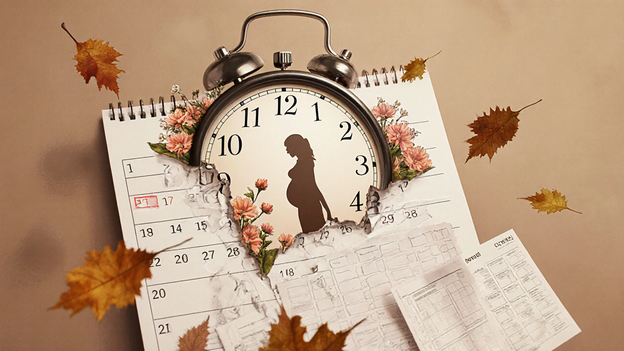 Tajemný obraz hodin, které se tají do květů a těhotenství.