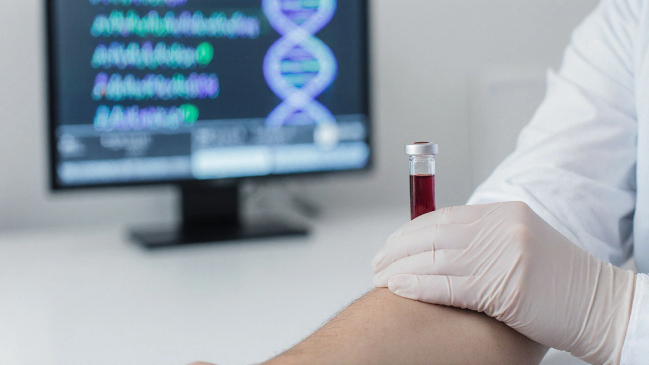 Technička odebírá krev pro genetický test v moderní laboratoři.