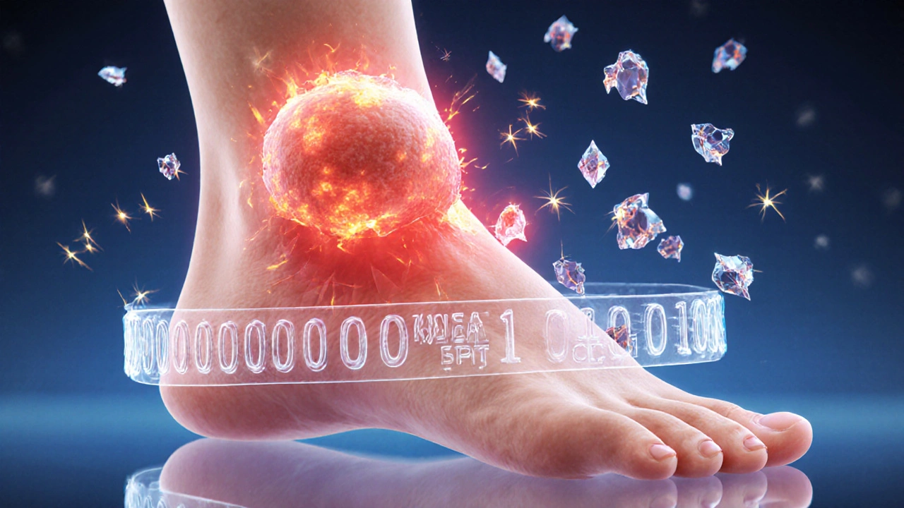 Zánětlivý kloub s velkým prstem a krystaly močové kyseliny v okolí